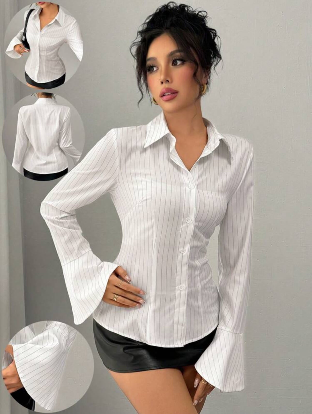 قميص أبيض مخطط بأزرار، خصر ضيق، تصميم بأكمام جرس،