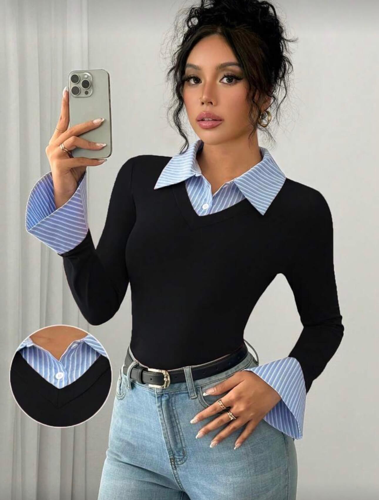 توب متصل مع قميص قطعه واحده - لون اسود