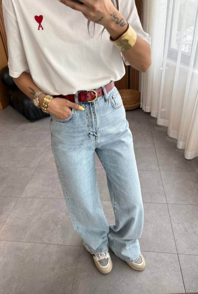 جينز وايد لگ ازرق كاشف ثلجي 16708 - wid leg light washed jeans jeans