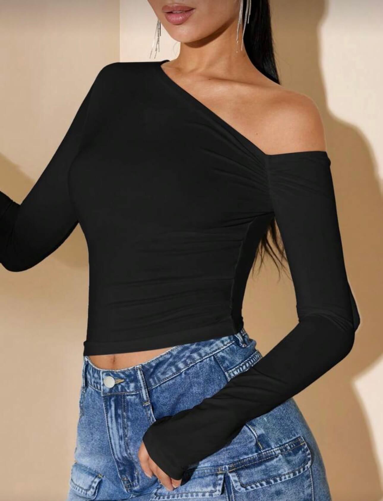 توب ون شولدر اكمام طويله - اسود