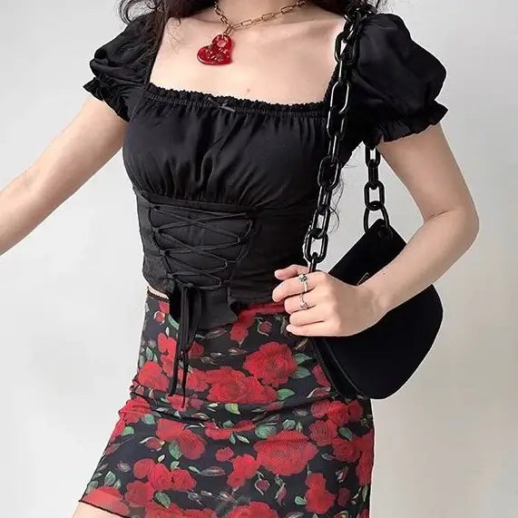 توب ڤنتج vintage كورسيه اشرطه - اسود