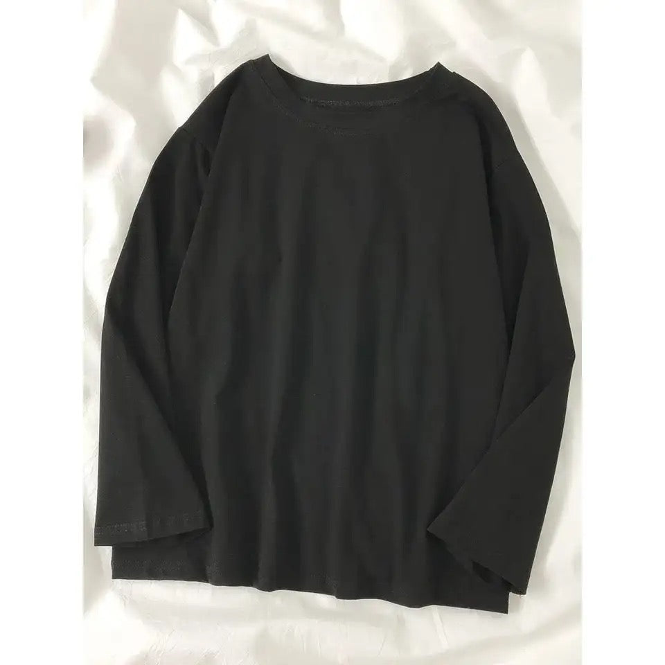 E1 تي شيرت ساده ساده ردن طويل اسود