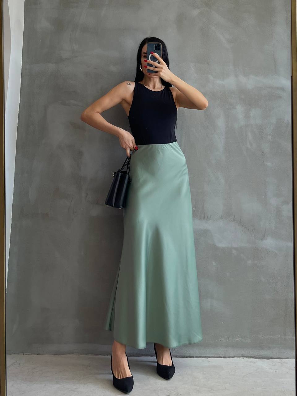 تنوره ستن حرير طويله زيتوني فاتح