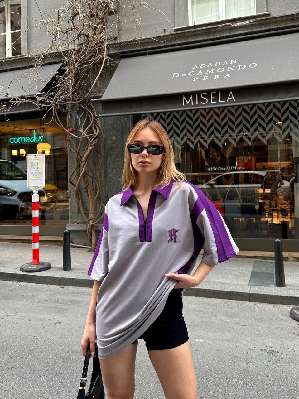 تي شيرت يونيسكس ياخه و سحاب حرف R- رصاصي و ابنفسجي