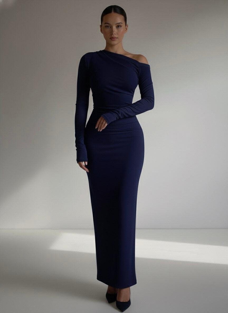 فستان نيلي طويل اوف شولدر