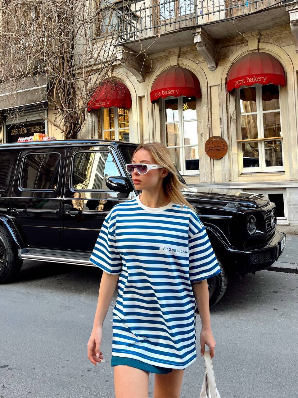 تي شيرت يونيسكس مخطط stone island - ازرق وابيض