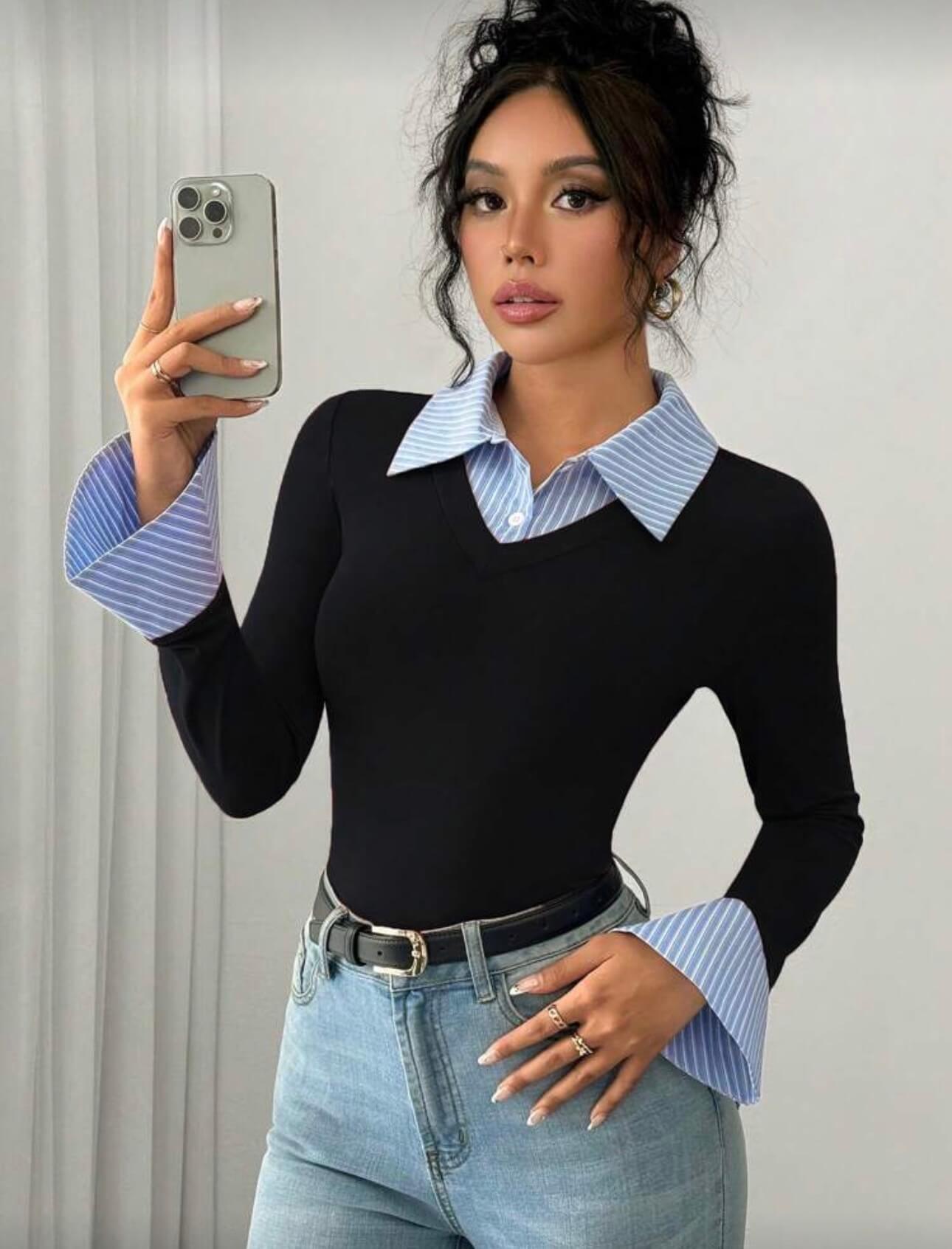 توب متصل مع قميص قطعه واحده - لون اسود