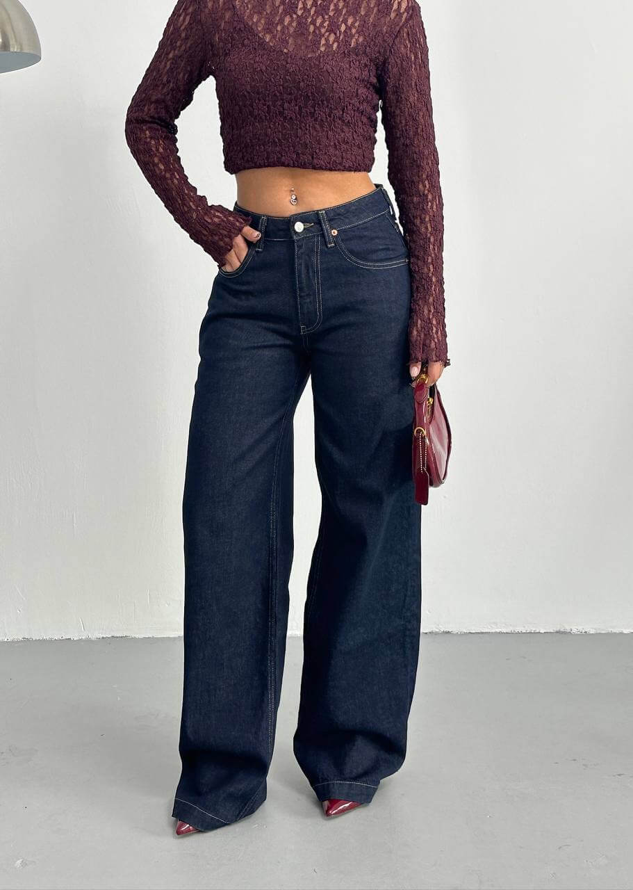 جينز وايد لگ نيلي   - wid leg dark blue jeans