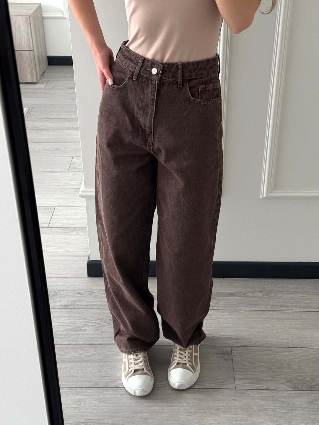 جينز وايد لگ بني  - wid leg dark coffe jeans