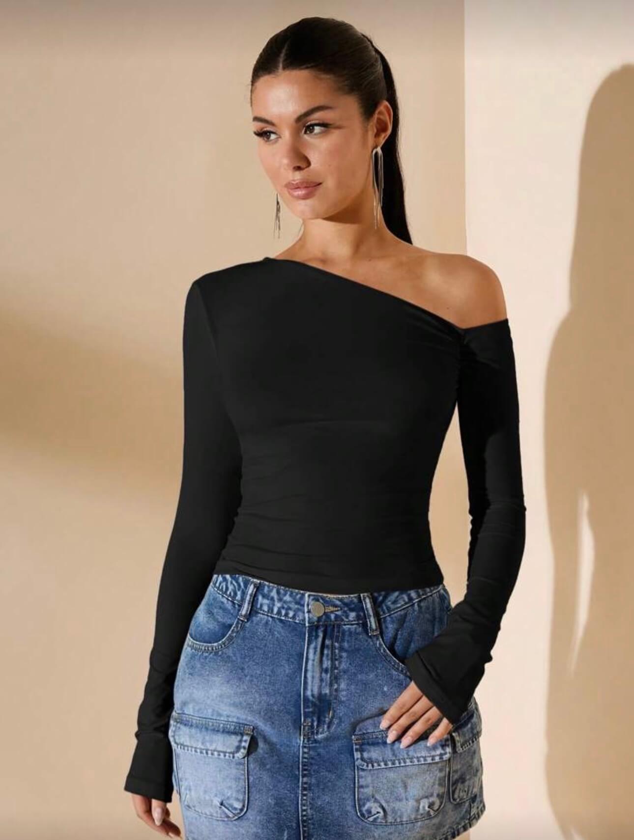 توب ون شولدر اكمام طويله - اسود