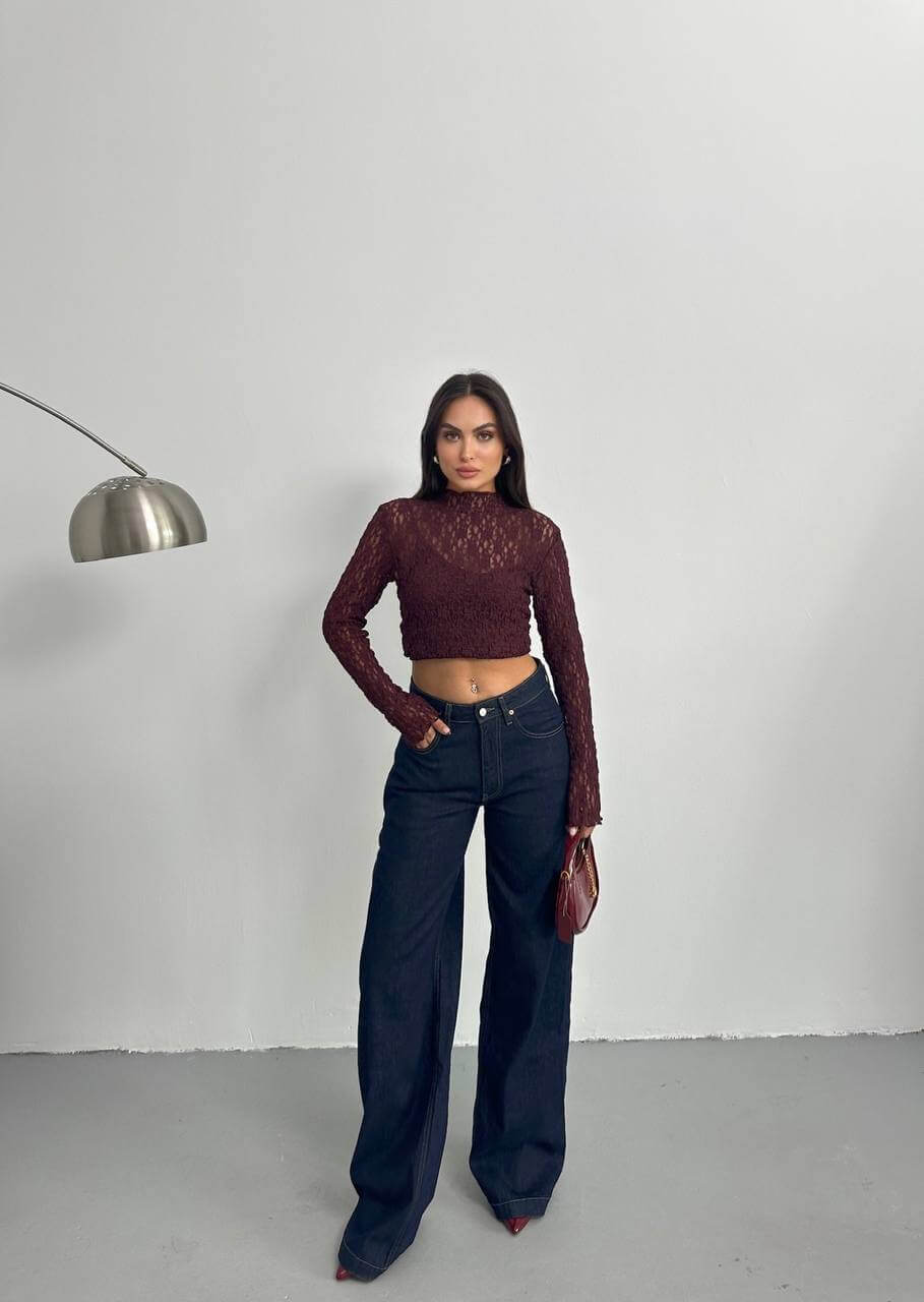 جينز وايد لگ نيلي   - wid leg dark blue jeans