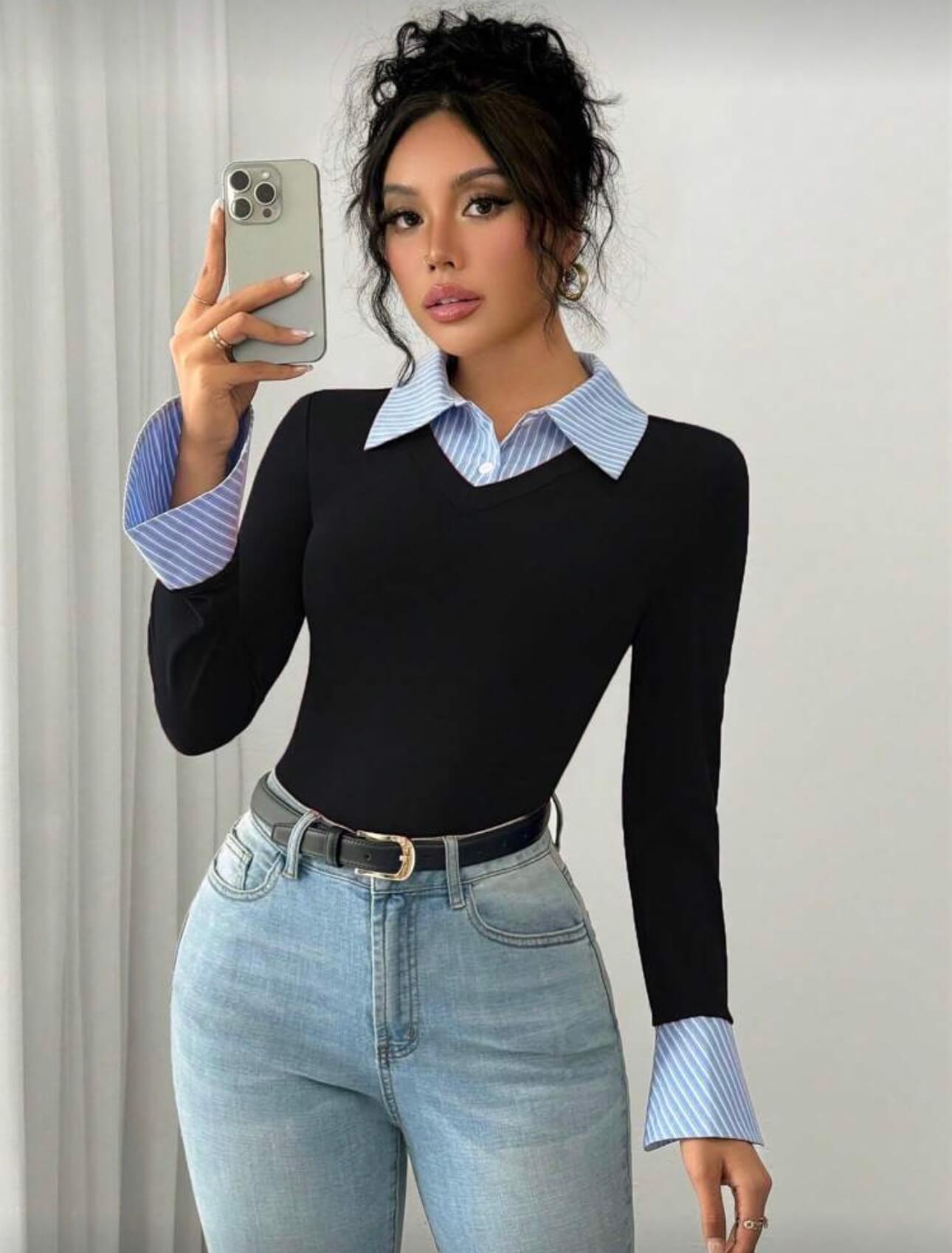 توب متصل مع قميص قطعه واحده - لون اسود