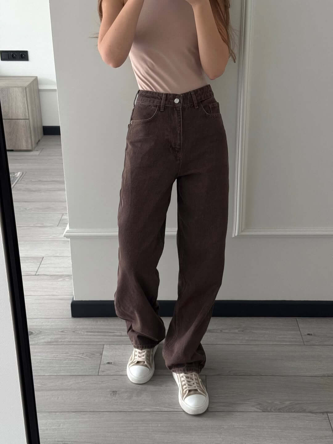 جينز وايد لگ بني  - wid leg dark coffe jeans