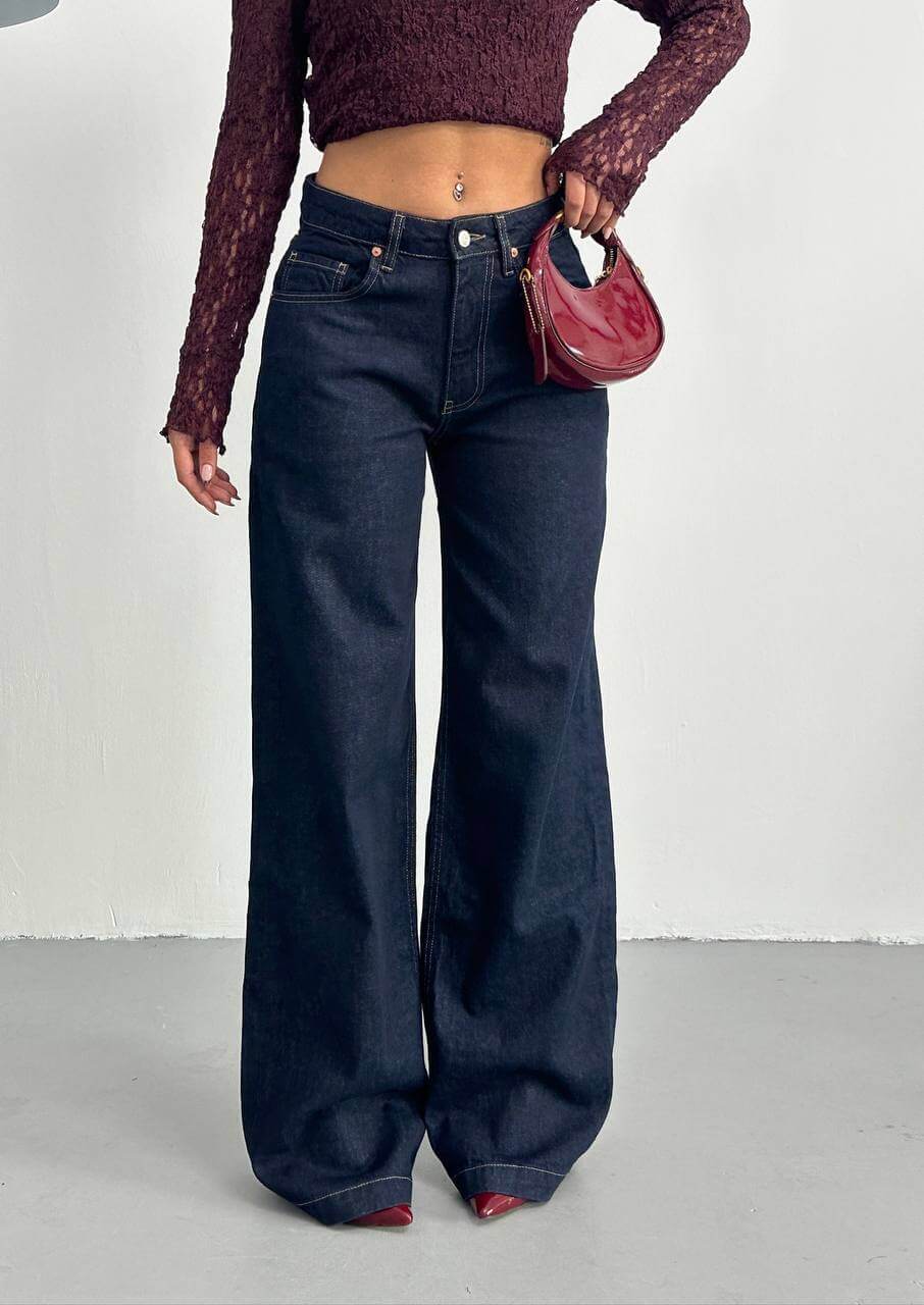 جينز وايد لگ نيلي   - wid leg dark blue jeans