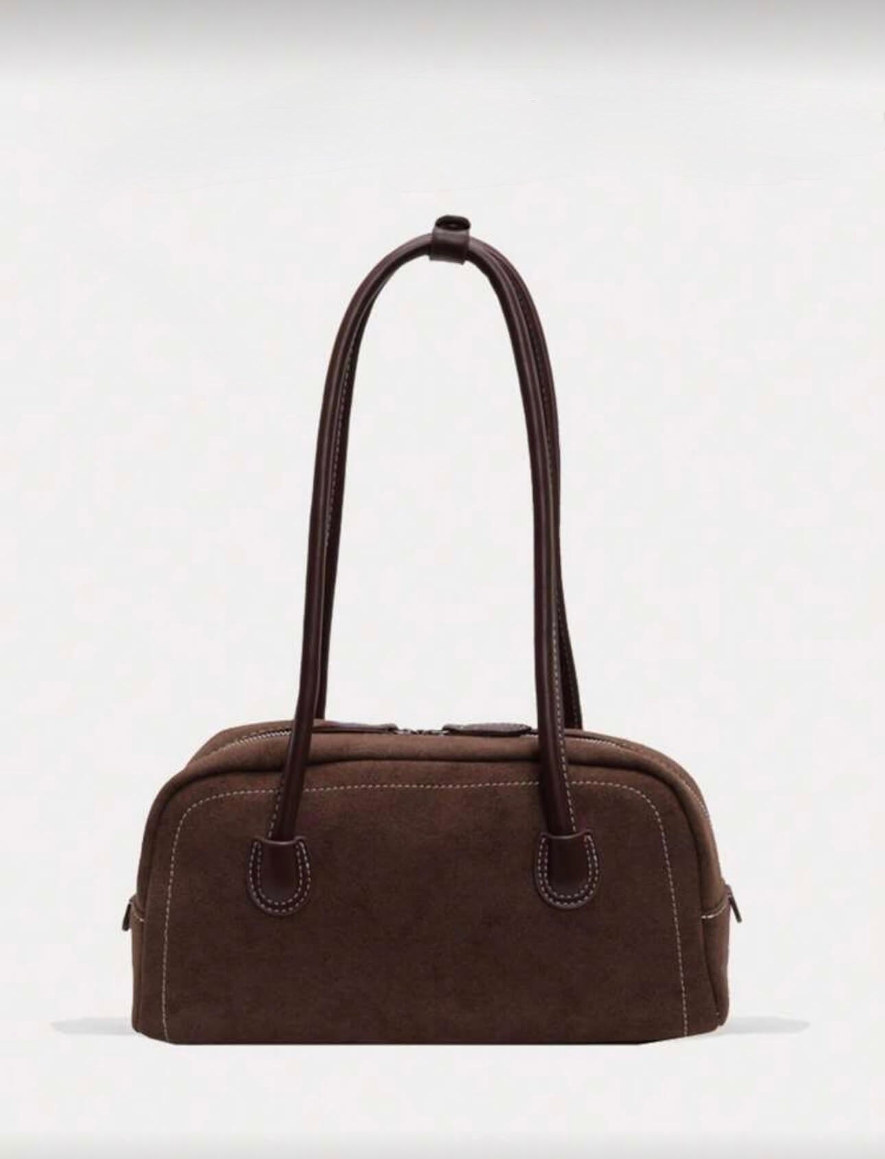 حقيبة كتف نسائية، بلون سادة يشبه الجلد المدبوغ، عصرية غير لامعة بخياطة متباينة، تصميم بمقبض مزدوج، سحاب إغلاق للاستخدام اليومي، حقيبة نسائية جديدة للخريف والشتاء