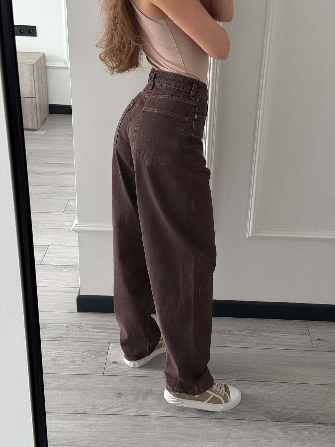 جينز وايد لگ بني  - wid leg dark coffe jeans