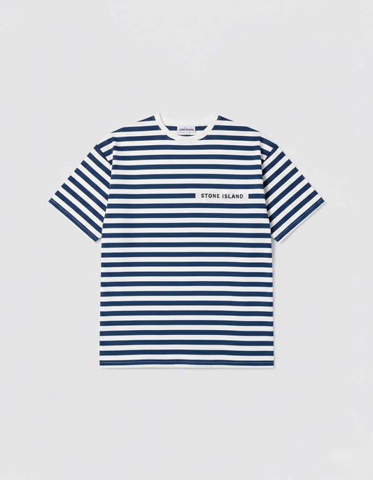 ⁨تي شيرت يونيسكس مخطط stone island - ازرق وابيض⁩