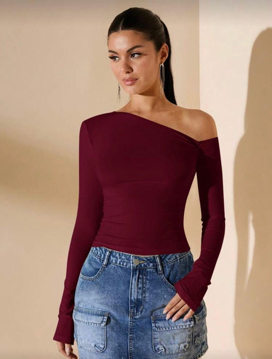 توب ون شولدر اكمام طويله - برغندي ماروني