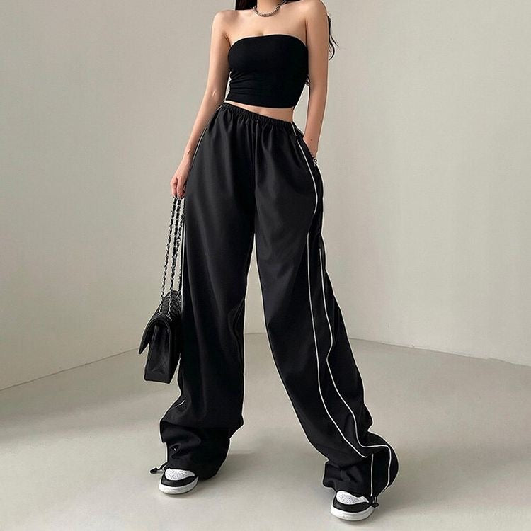 ⁨بنطرون بجامه قماش اسود عريض خطين ابيض _113wid leg black pants⁩ H1