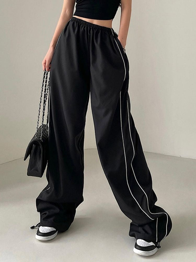 ⁨بنطرون بجامه قماش اسود عريض خطين ابيض _113wid leg black pants⁩ H1