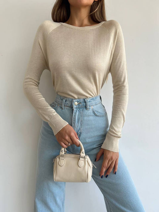 توب بيجي فاتح اكمام طويله long sleeve top light beige 1001