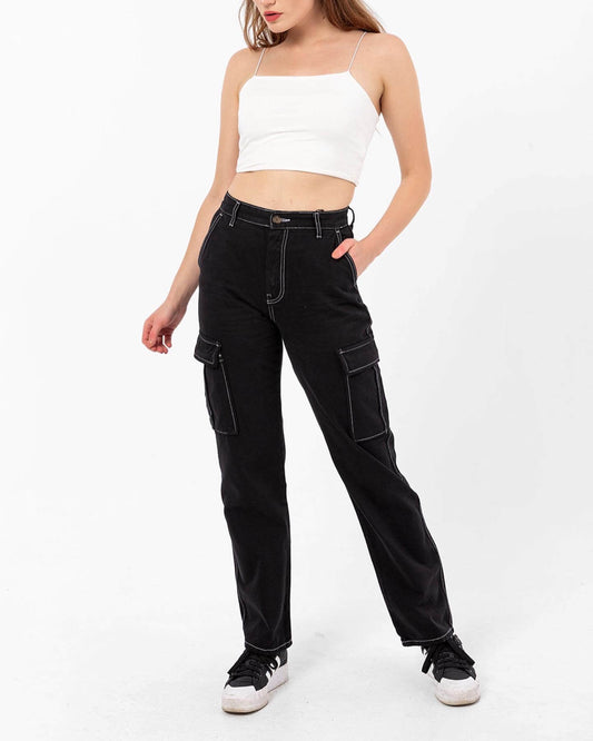 ⁨بنطرون جينز اسود خيوط بيضاء black pants⁩