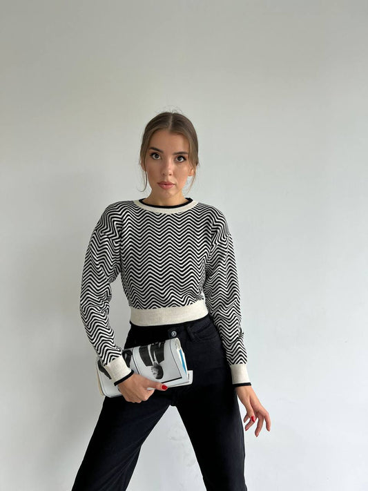 سويتر زكزاك اسود وابيض sweater black and white 1002