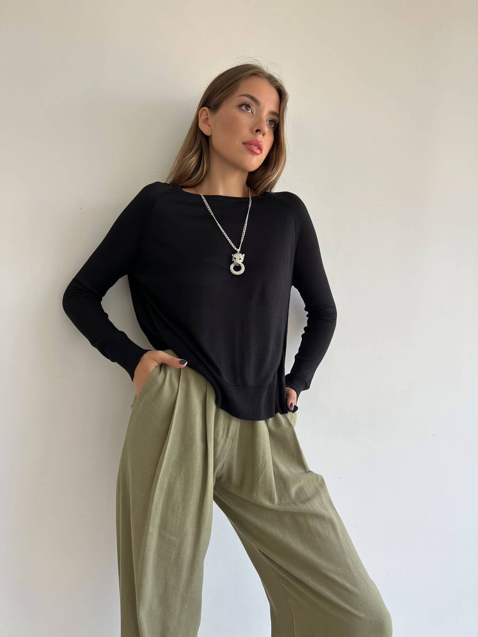 ⁨توب اسود اكمام طويله long sleeve top black 1001⁩